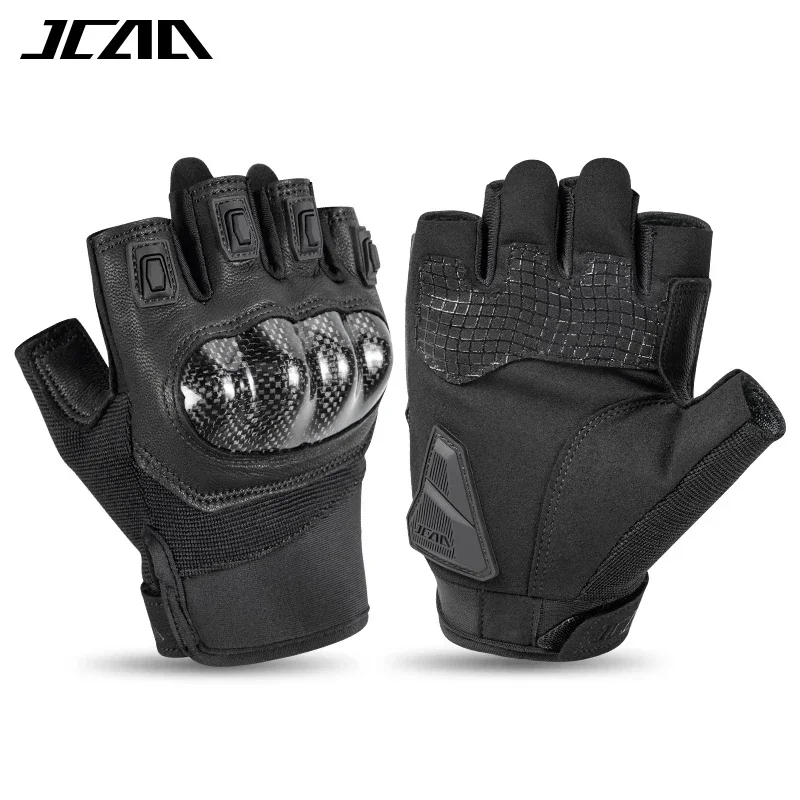 

Men's Summer Half Finger Motorcycle Riding Gloves Genuine Leather Breathable Anti Drop Carbon Fiber Shell Short Motorbike Gloves