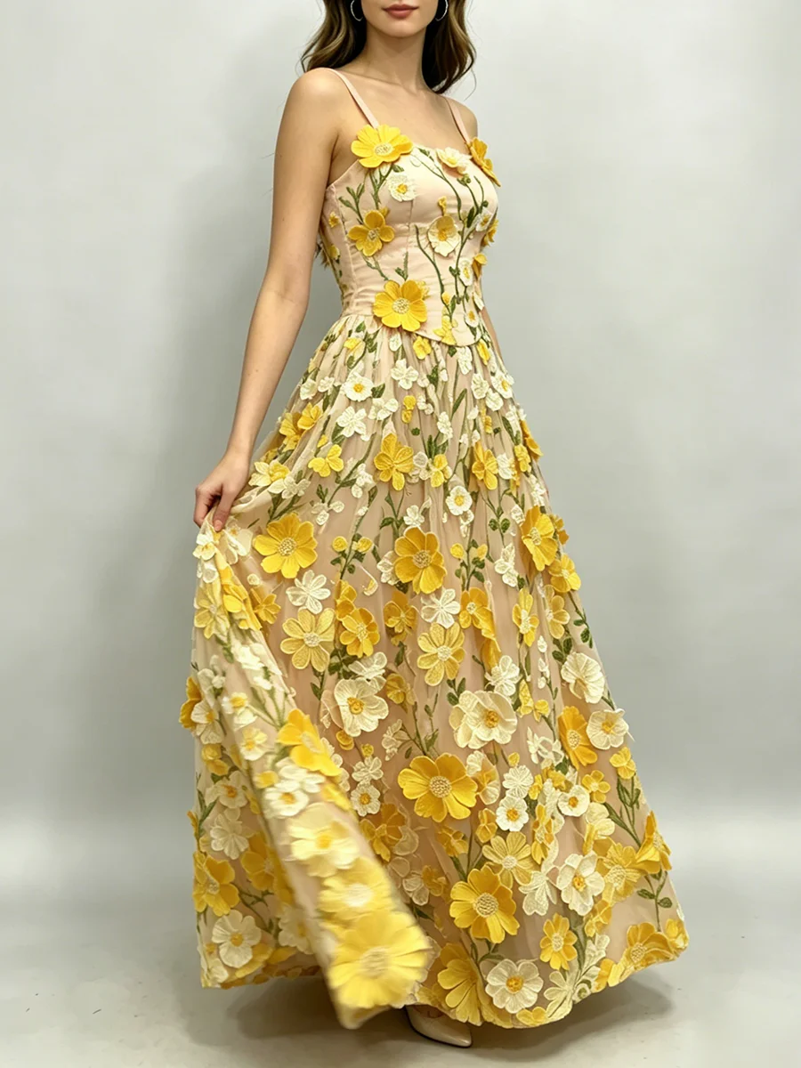 TWOTWINSTYLE Colorblock Spliced Floral Embroidery Slim Fit Dress for Women Squre Neck Sleeveless Patchwork Mesh Dresses Female