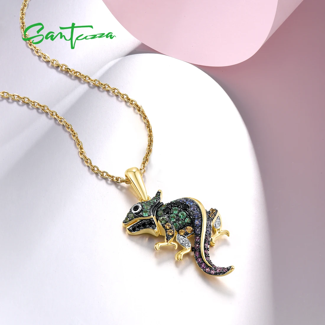 SANTUZZA Genuine 925 Sterling Silver Pendant for Women Sparkling Colorful Gems Lovely Chameleon Animal Elegant Fine Jewelry