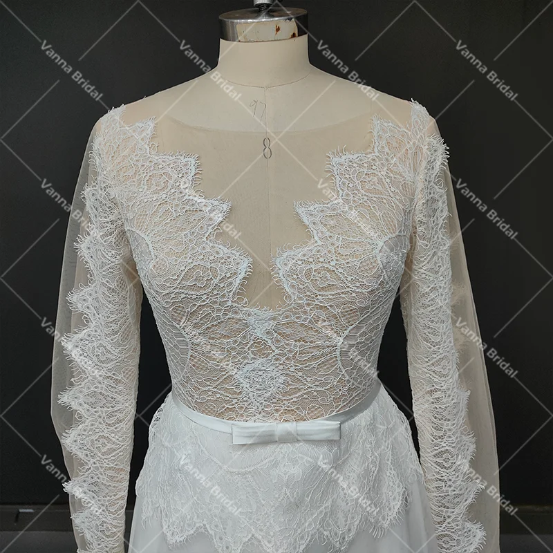 Echt Fotos Sehen Durch Tiered Spitze Boho Strand Brautkleid Schärpe Transparent Zurück Langen Ärmeln Tüll V-ausschnitt Nude Hochzeit Kleid