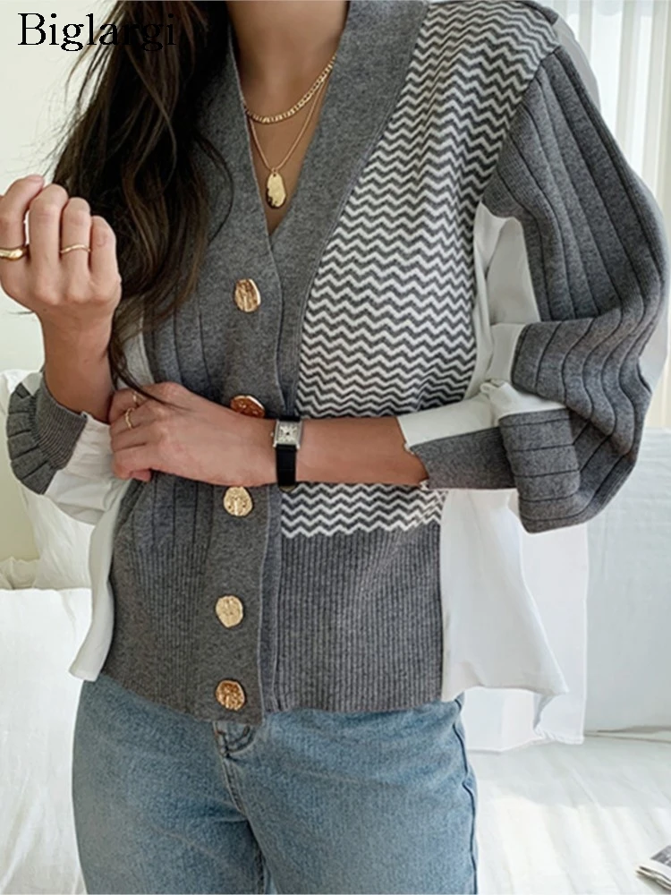 

Knitted Autumn Cardigan Women Striped Print Patchwork Fashion Ladies Cardigans Casual Loose Korean Style Woman Sweater Coats