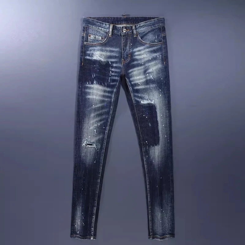Men Dark‑Blue Tiger‑Stripe Washed Patch Pocket Ripped Paint Splatter Distressed Stretch Skinny Denim Jeans Hip‑Hop Streetwear De