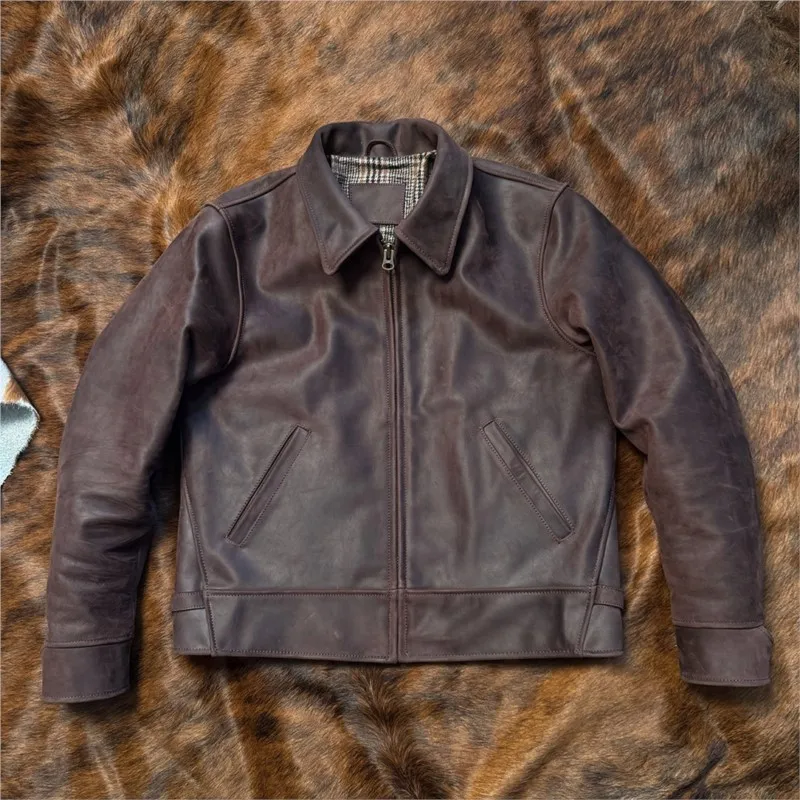 

Heavy oil infused leather Thick men's lapel and short style