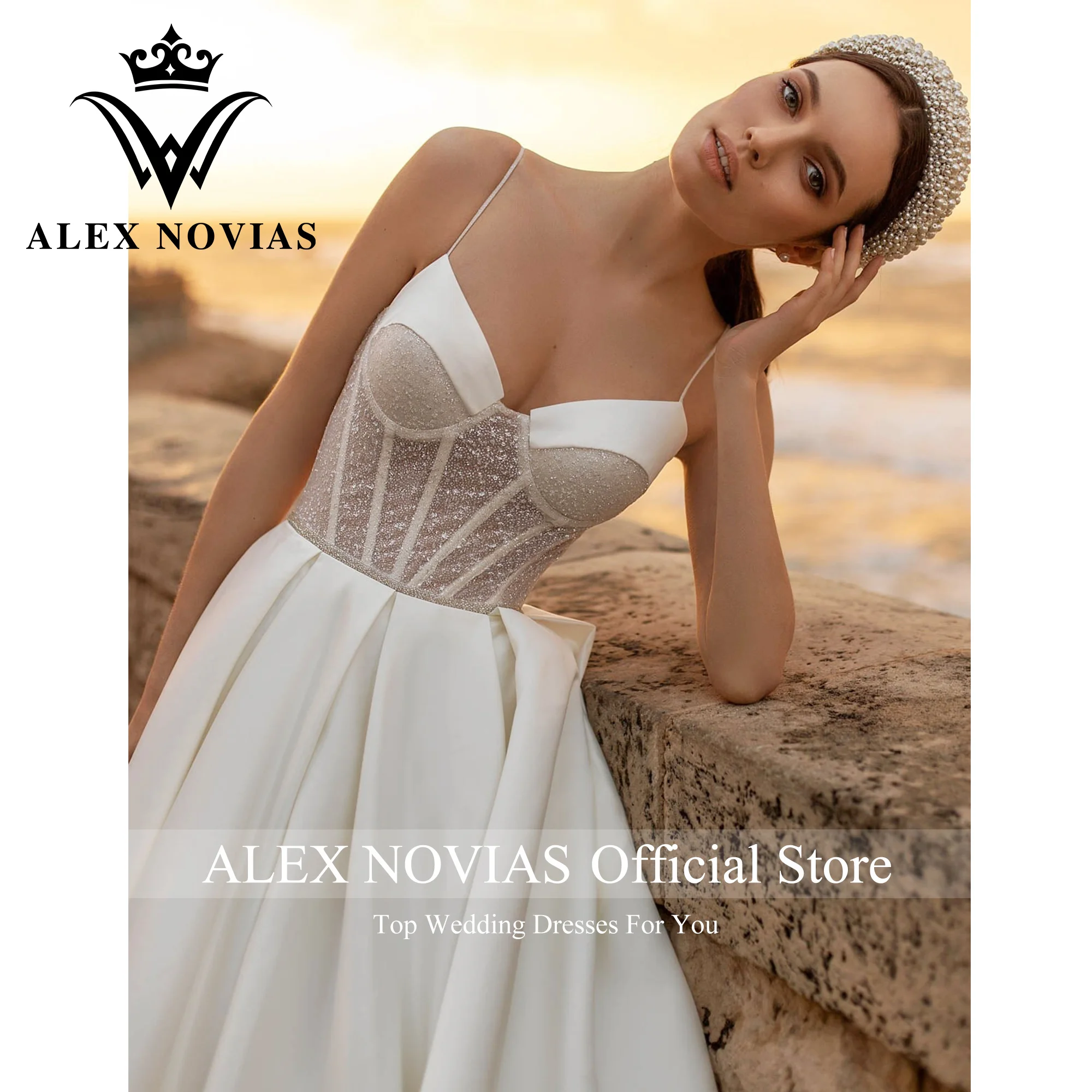 ALEX NOVIAS-vestido De novia De satén con bolsillos, traje brillante con tirantes finos, escote Corazón, 2023