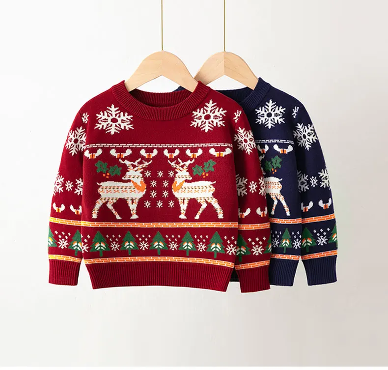 Boys Pullover Sweater Kids Christmas Knit Top Double-Layer Round Neck Deer Print