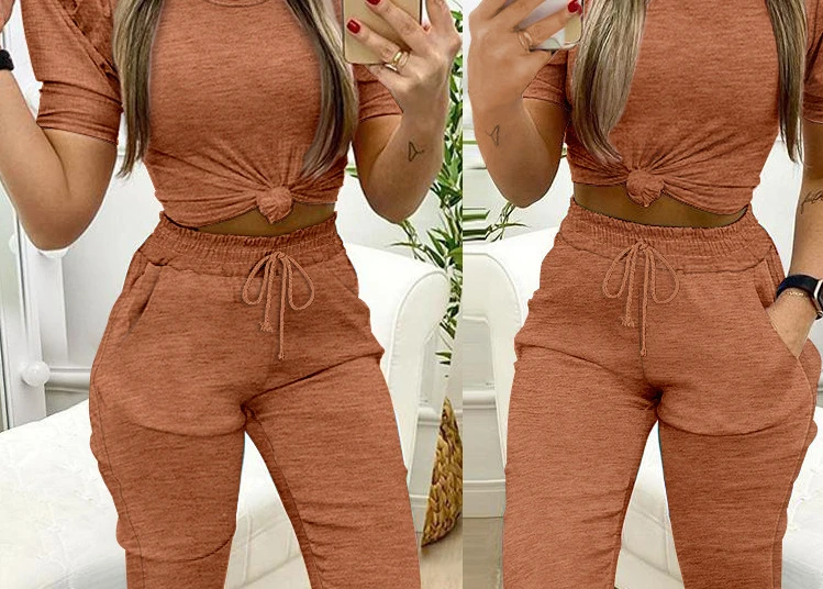 여성 2 피스 라운드 넥 짧은 소매 탑 Drawstring 셔링 바지 포켓 캐주얼 바지 세트