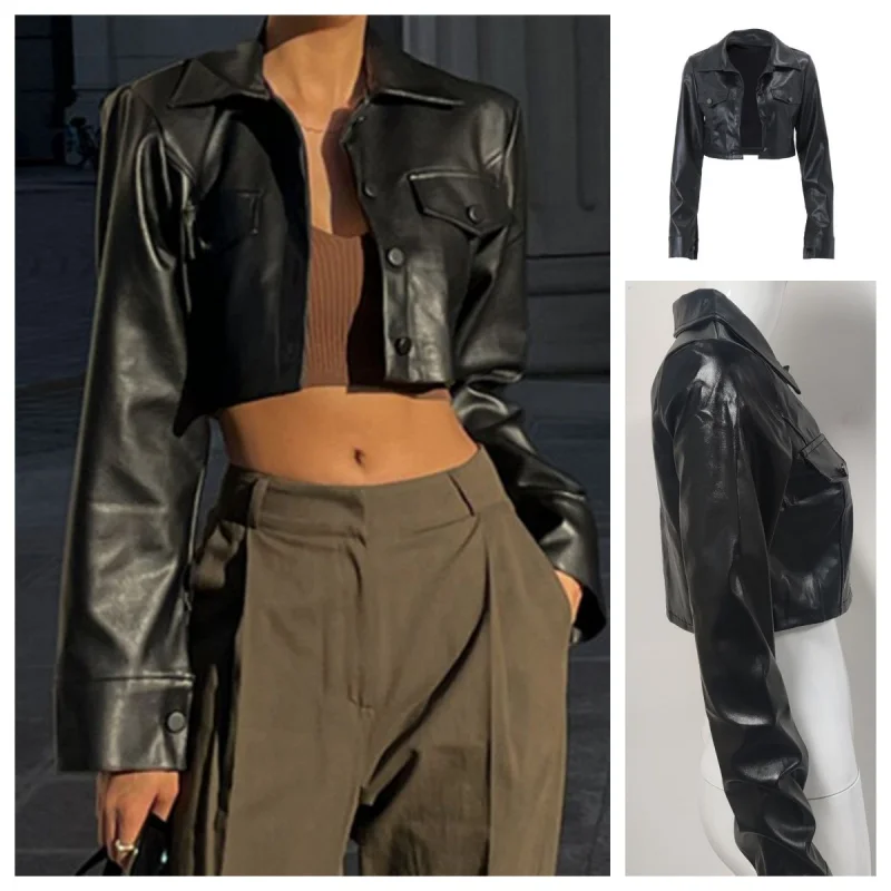 

Women's Faux Leather Short Jacket - Turn-Down Collar Y2K Style PU Coat with Button Accents, Grunge Inspired Streetwear