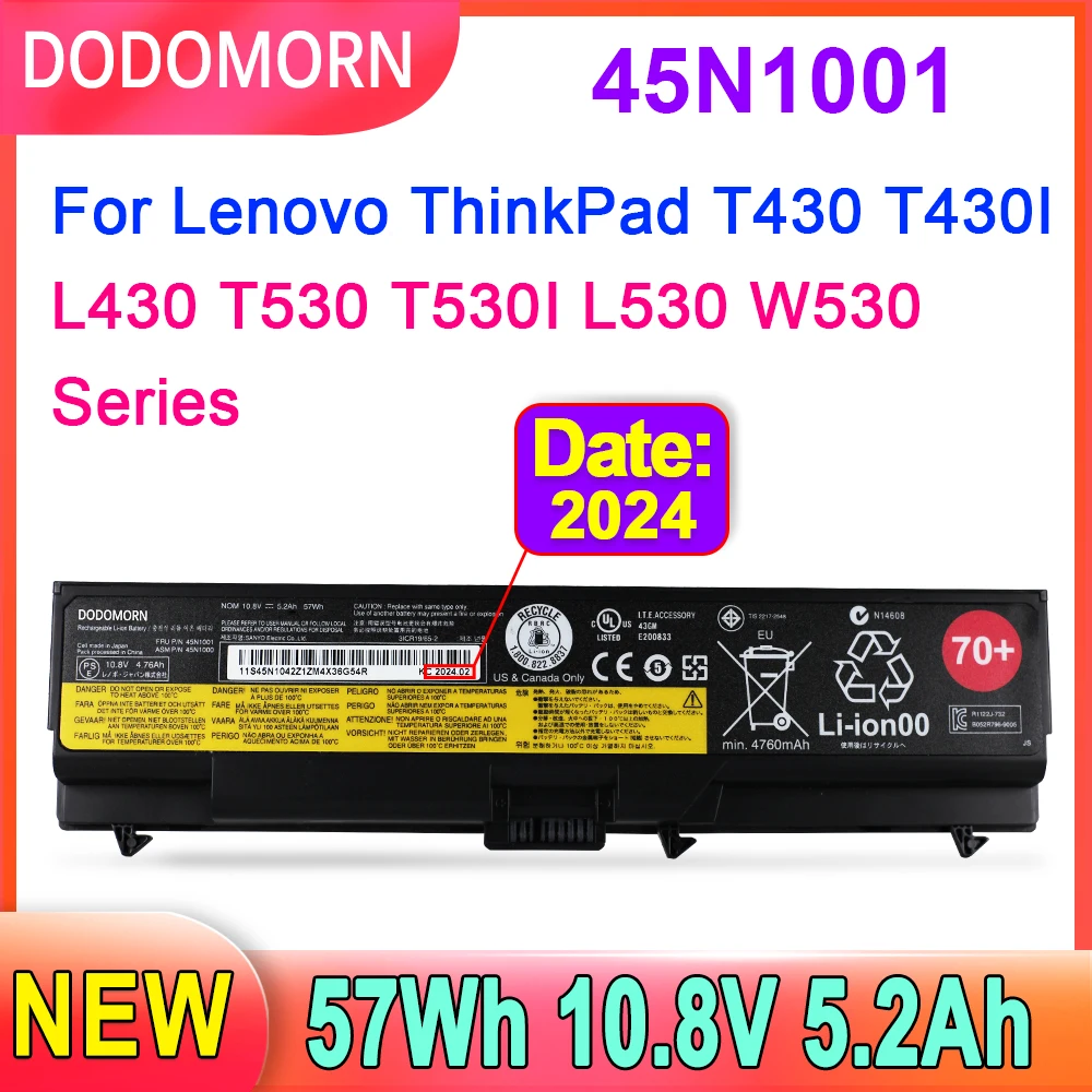 

DODOMORN 45N1001 45N1000 70+ Laptop Battery For Lenovo ThinkPad L430 L530 T430 T430I T530 T530I W530 W530I 42T4703 42T4819 57Wh