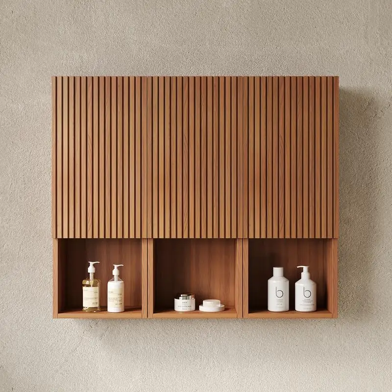 خزانة حمام مثبتة على الحائط مقاس 41 بوصة، 3 خزائن بأبواب مع حجرات مفتوحة، متعددة الاستخدامات للاستخدام في الحمام، خشب البلوط البني #3