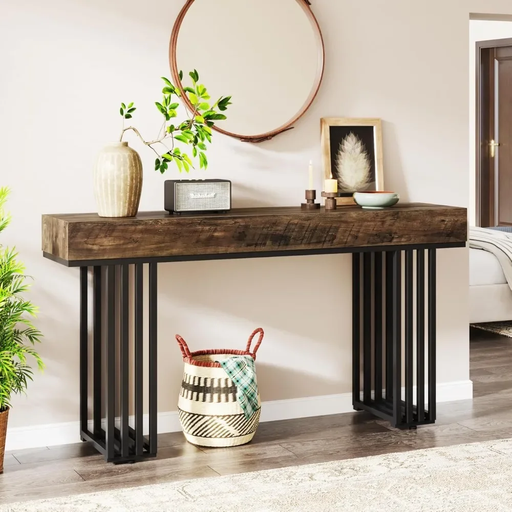 55 Inch Entrance Console Table, Industrial Corridor Table with Stylish Metal Frame, Living Room, Sofa Entrance Hall Table