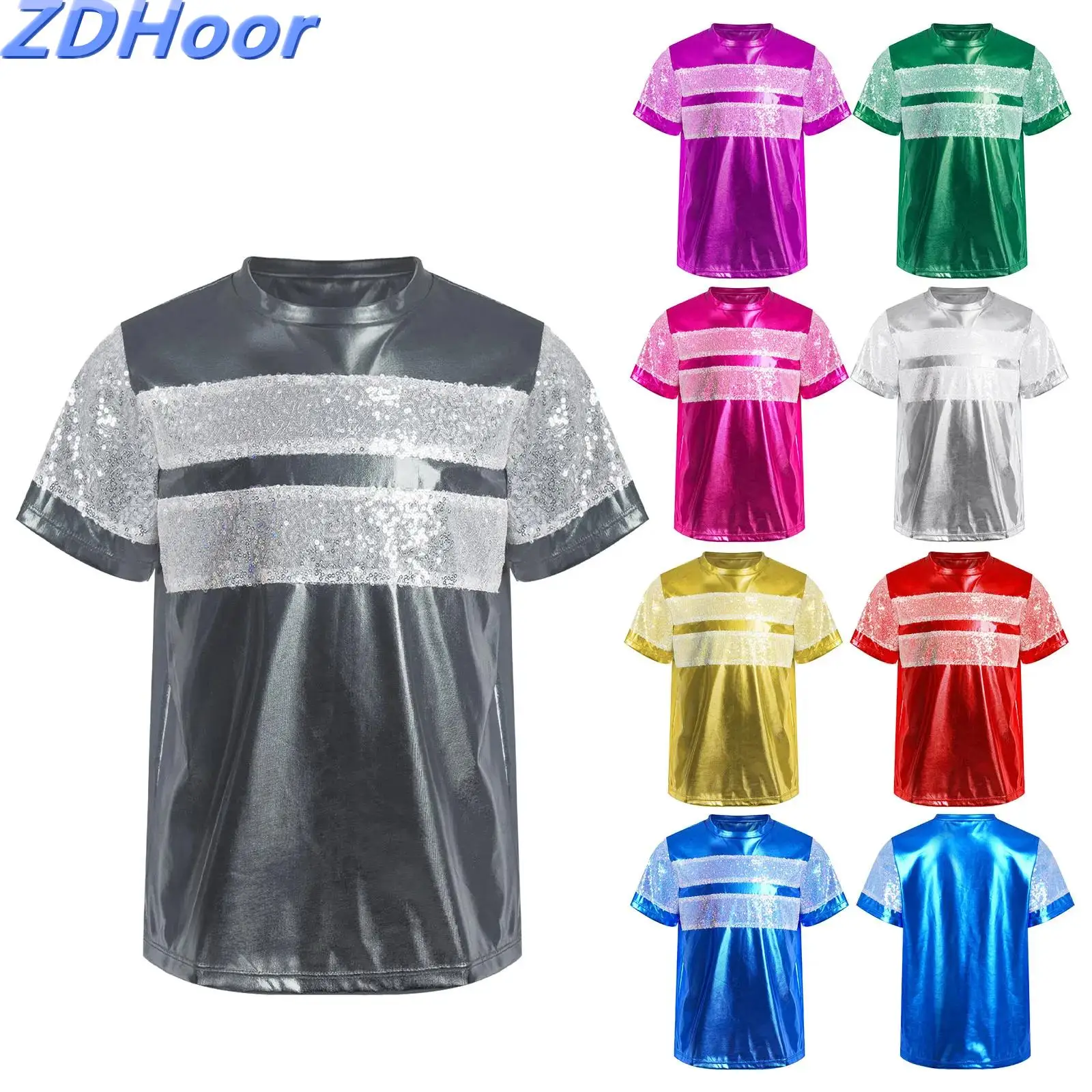 

Kids Girls Boys Metallic T-Shirt Unisex Short Sleeve Shiny Sequins Patchwork Tops for Jazz Dance Stage Performance