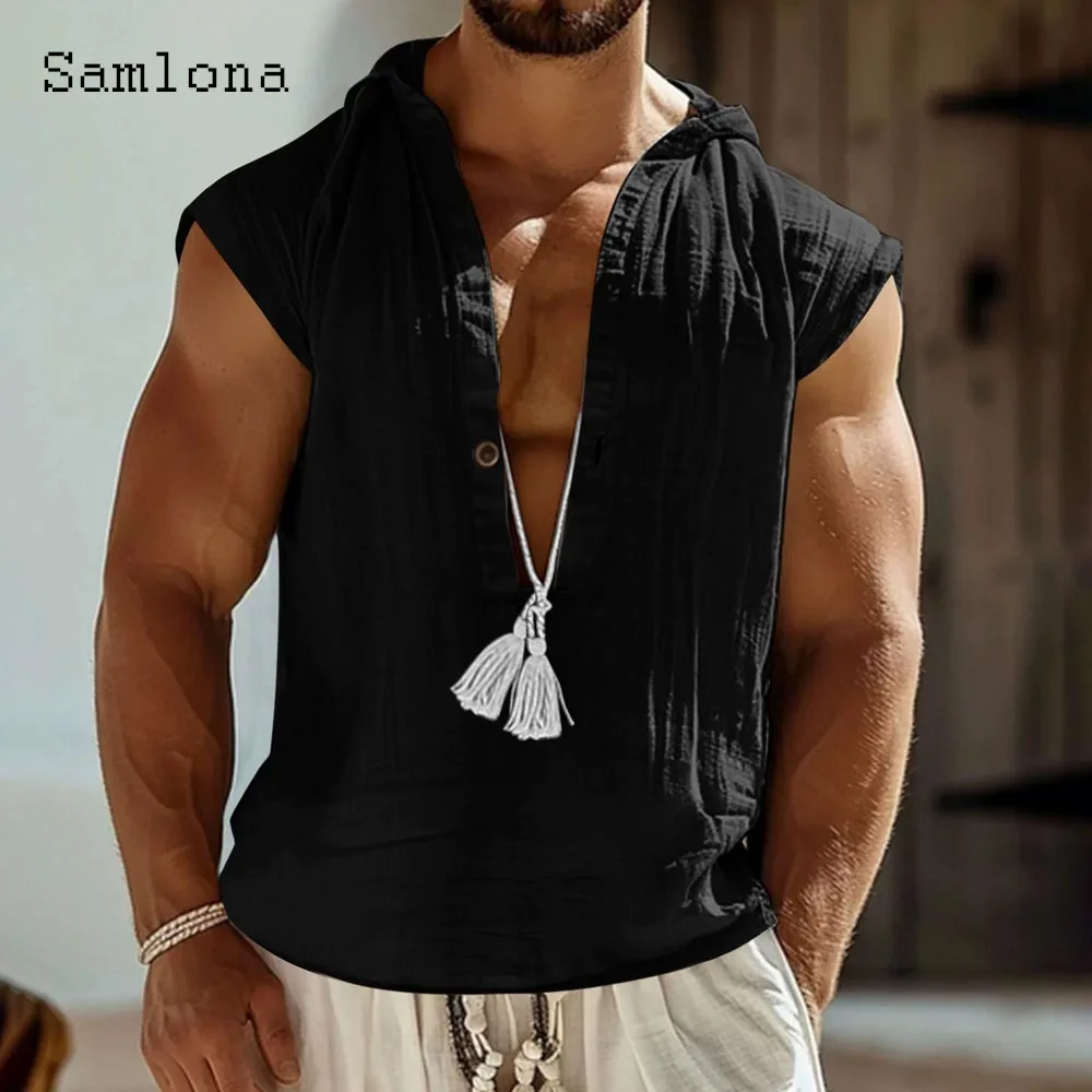 Kemeja Bertali Fashion Pria 2025 Atasan Bertudung Kasual Tanpa Lengan Pria Pulover Pantai Musim Panas Terbaru Blus Linen Katun Navy Abu-abu