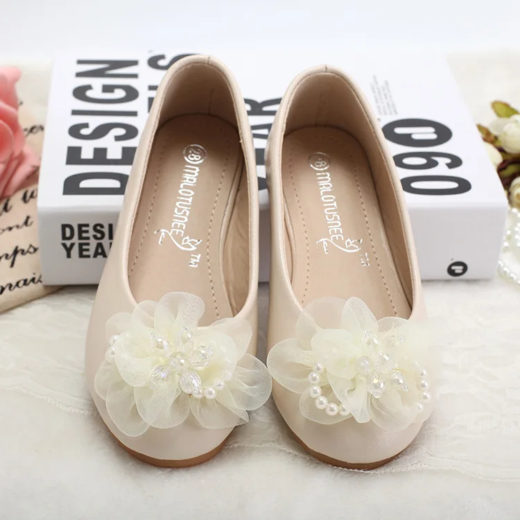 

Spring New Girls' Princess Shoes Fashion Pearl Flower Children's Leather Shoes Soft Sole Anti Slip Baby Kid's Flat Casual Shoes