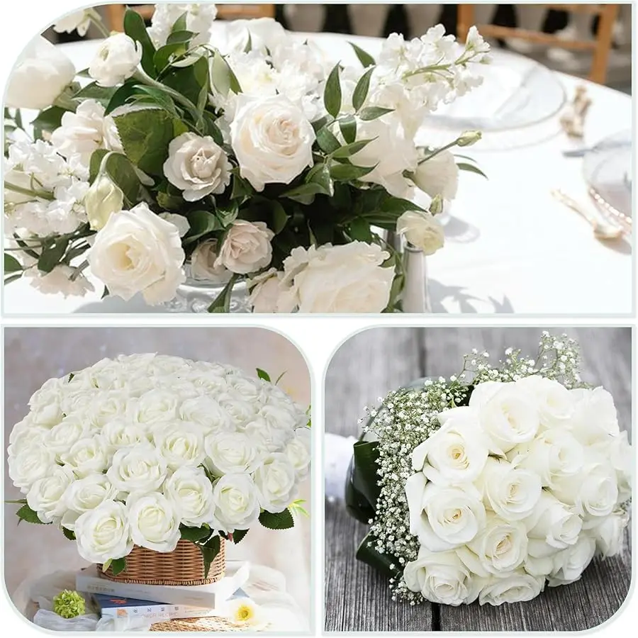 Roses blanches fleurs artificielles en vrac, 52 pièces d'arrangement floral de fausses roses, Bouquet de roses de fleurs en soie bricolage, fausse artificielle réaliste