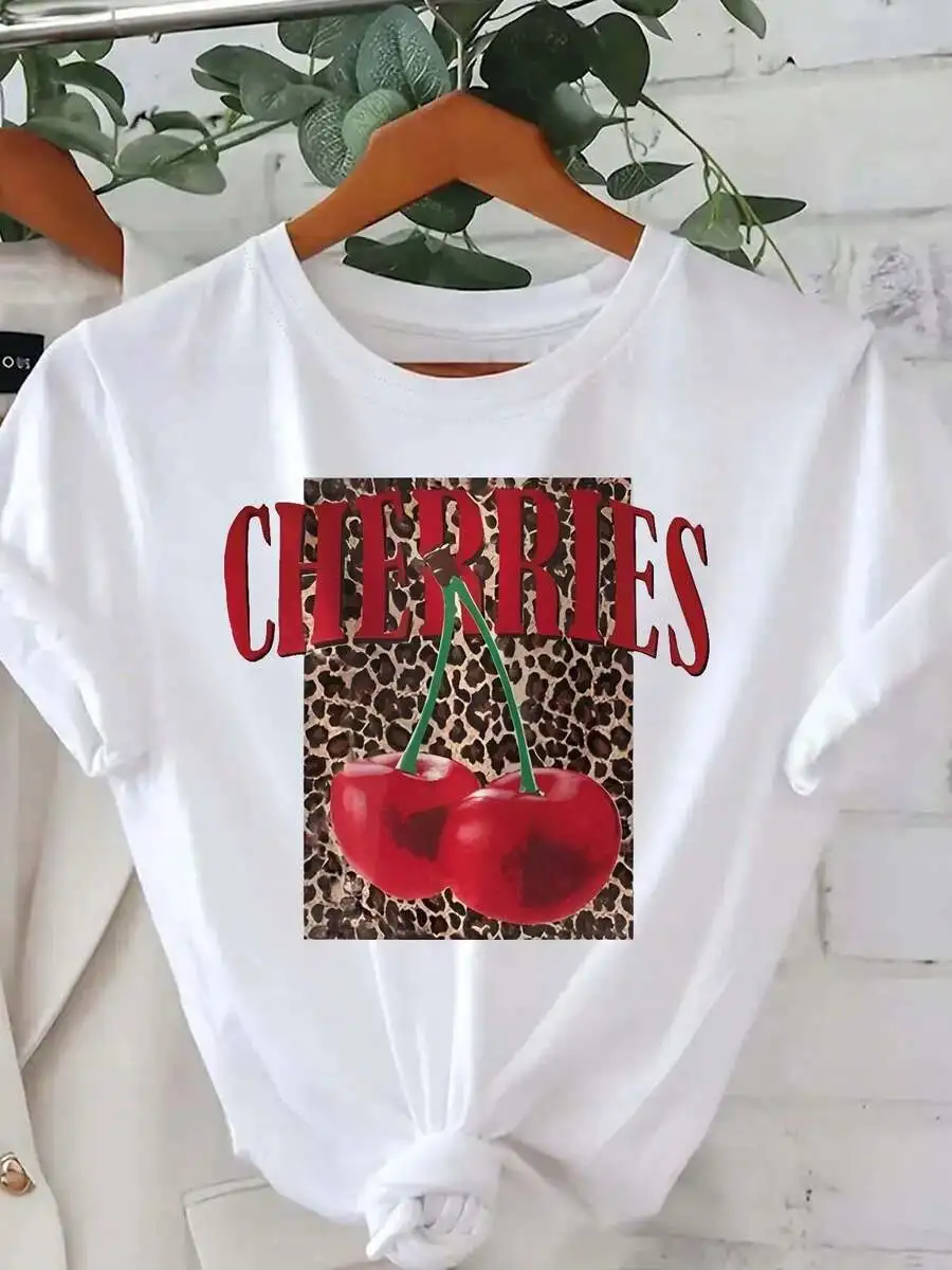 

Womens Casual Short Sleeve T-Shirt With Cherry Leopard Print Graphic
