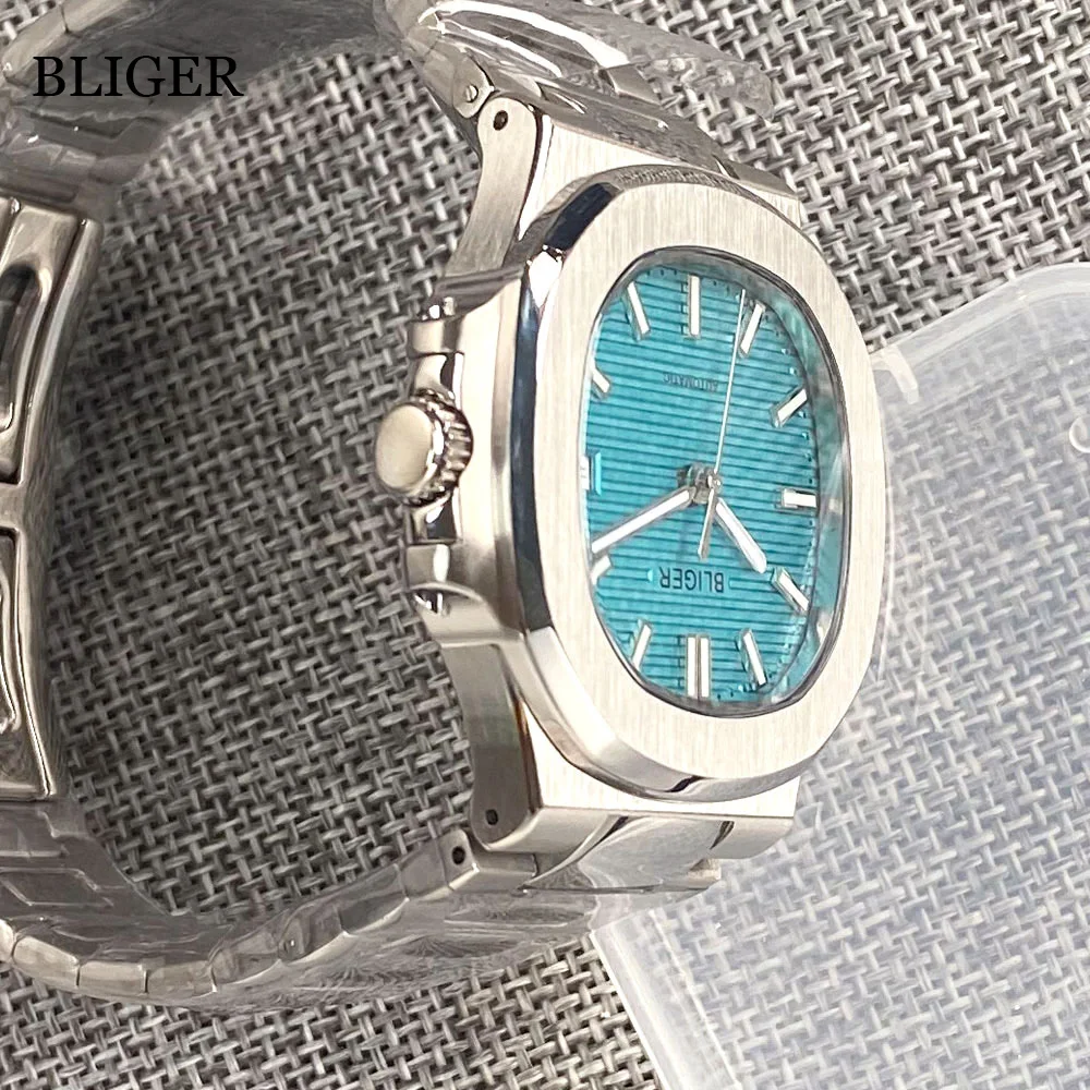 BLIGER NH35A PT5000 Dress Square Blue Automatic Men Watch MIYOTA 8215 Turquoise Green Dial Sapphire Luminous index Glass Back