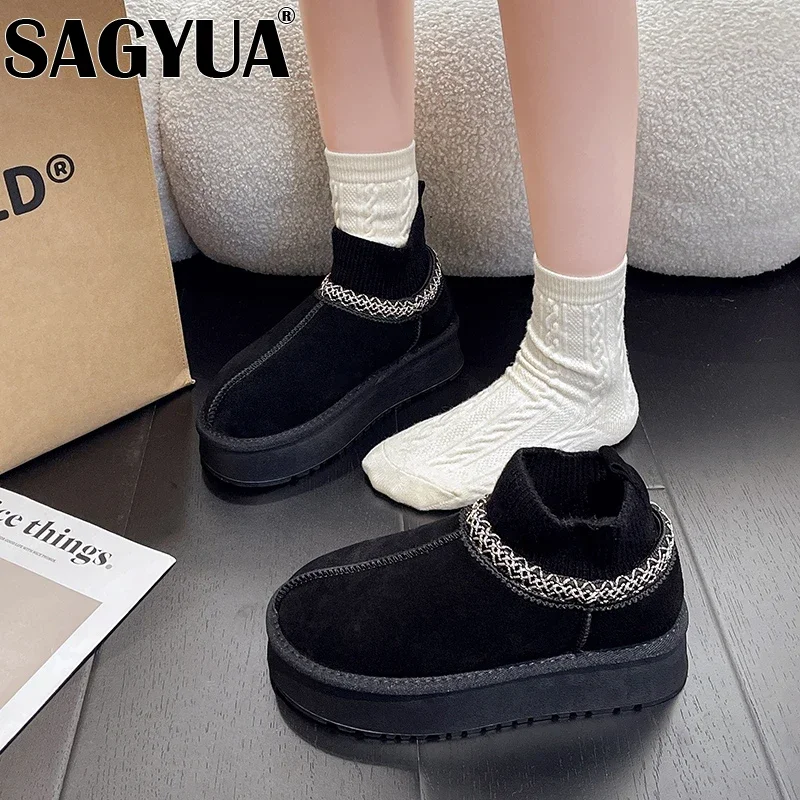 Platform Flats Snow Ankle Boots Women Fur Cotton Shoes Suede Woman Winter Brand 2025 Trend Plush Thick Warm Non-Slip Botas Mujer