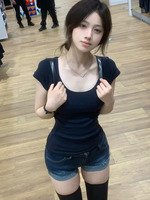 American Sle Slim Fit Short Sleeve T-Shirt Women's Fashionable Summer High Waist Line Body Shaping Unique Elegant Top ME98