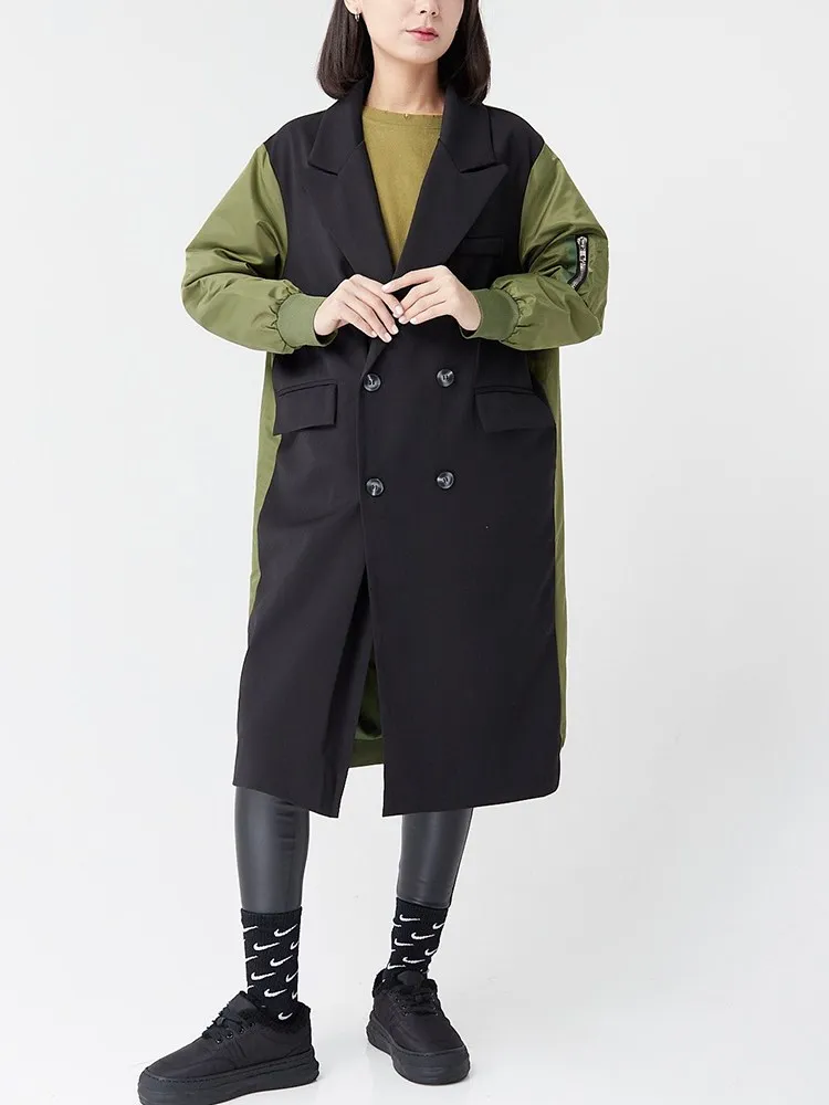 BPN Fashion Hit Color Trench For Women Notched Collar Long Sleeve Spliced Double Breasted Streetwear Windbreaker Femlae Clothing