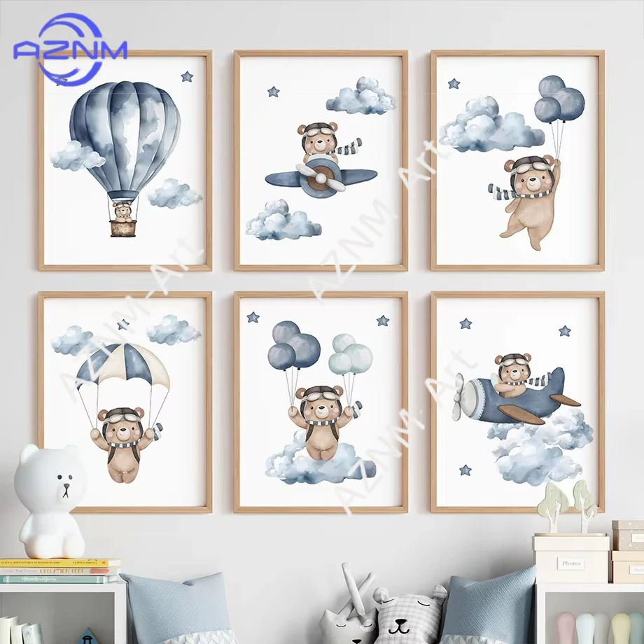 1/6 Stück Boho Bär Heißluftballon Wolke Kinderzimmer Poster Wandkunst Leinwanddruck Gemälde Baby Kinderzimmer Heimdekoration