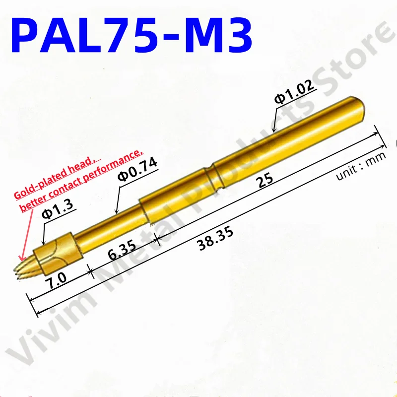 100PCS PAL75-M3 Spring Test Probe Test Pin Pogo Pin PL75-M3 ICT FCT PCB Test Tool 1.30/0.74/1.02/38.35mm Gold Needle tricusp Tip