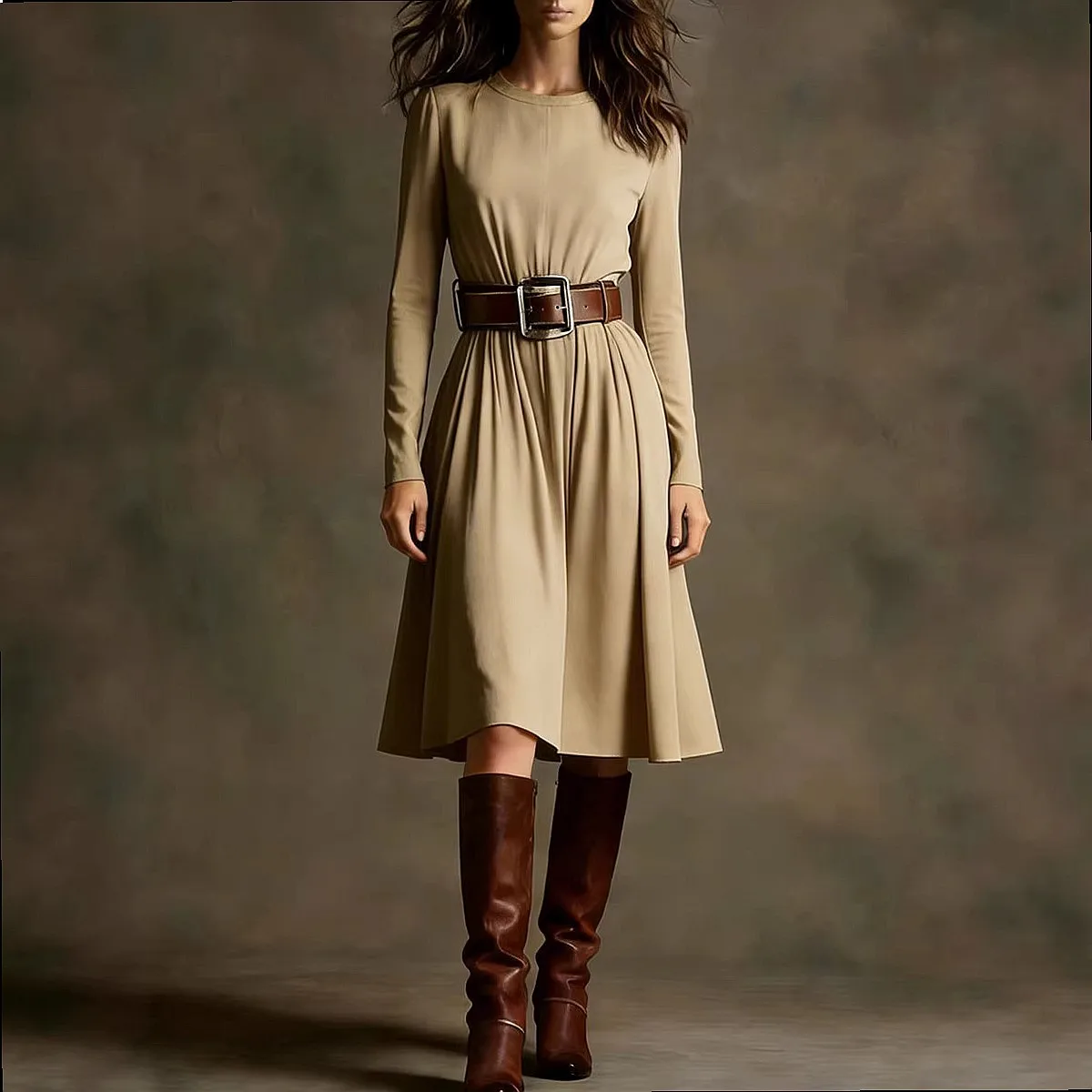 Style Round Neck Long Sleeve Dresses for Women A Line Dress with Pockets Spring Summer