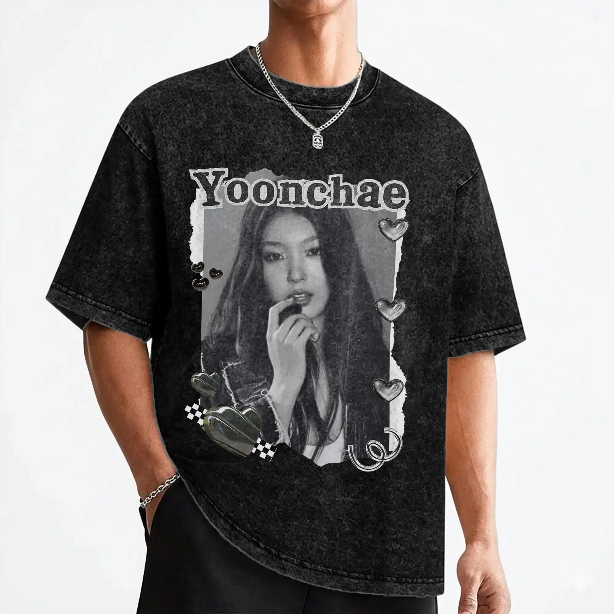 Yoonchae Katseyes Kpop Girl Group T Shirt Washed Short Sleeve Harajuku T-Shirts Men Women Streetwear Graphic Printed Tee Shirt