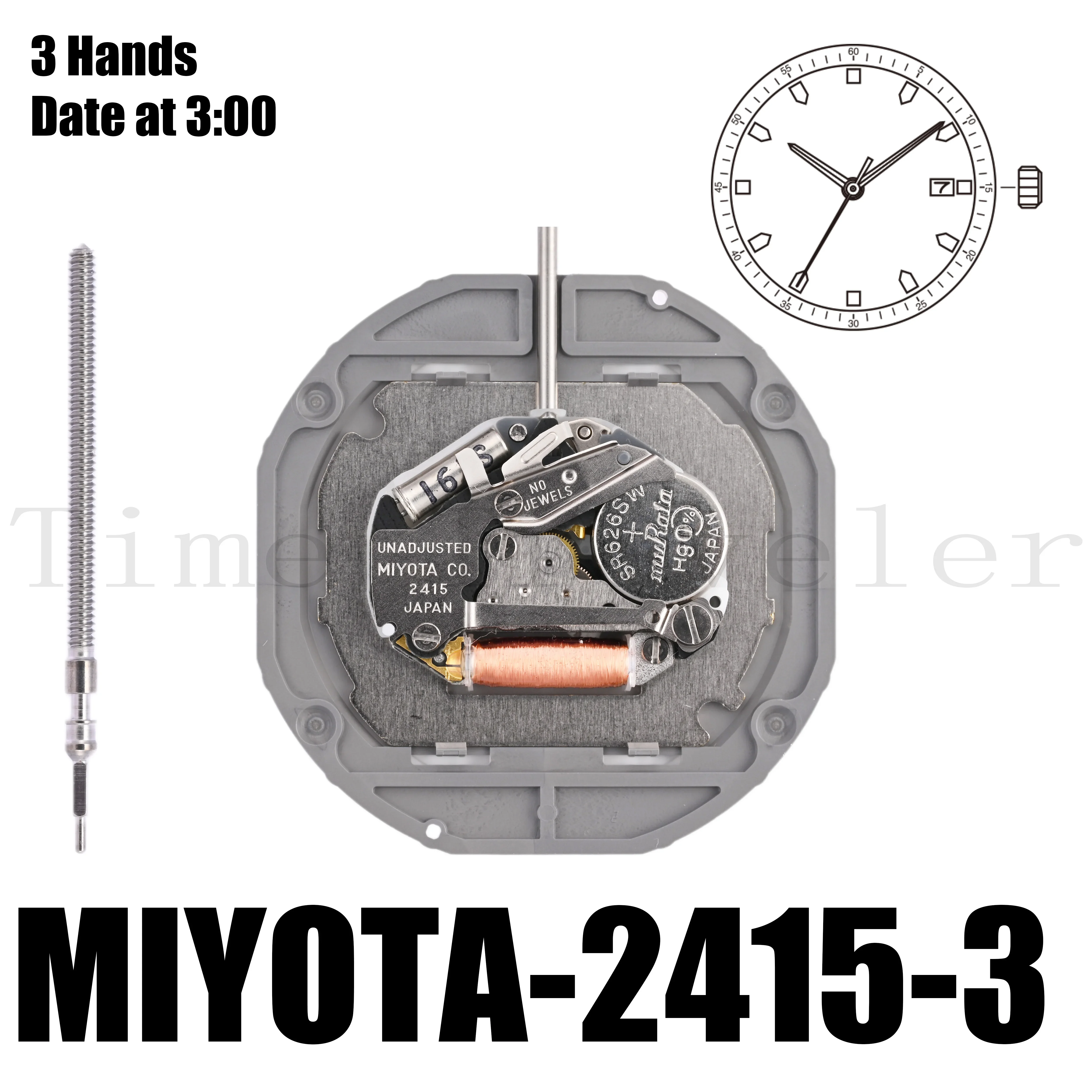 2415 Movement Miyota 2415 Movement Size 13 1/2’’’ Height 4.35mm Accuracy ±20 sec per month 3 Hands Date at 3:00