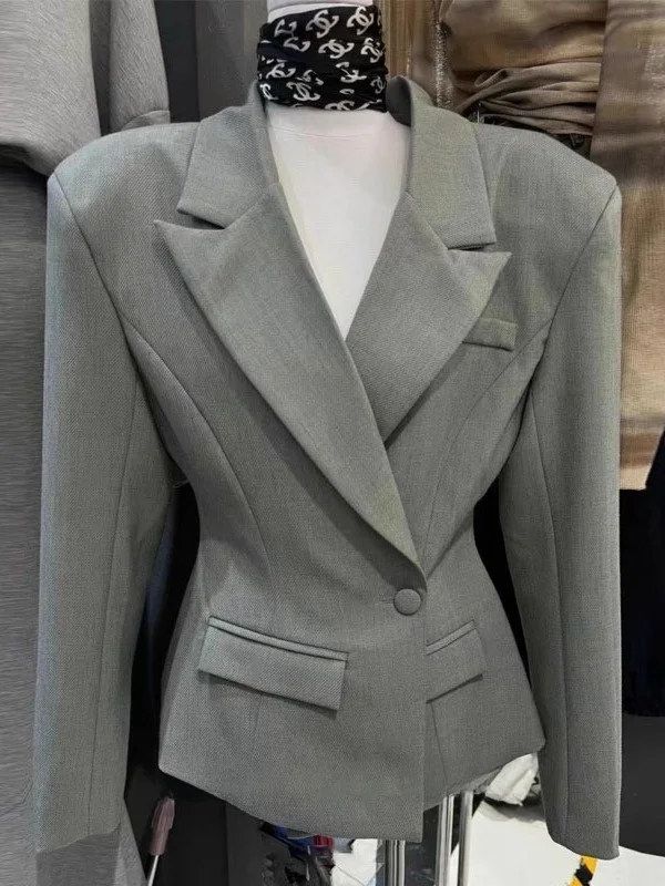 

Модный серый женский пиджак с зауженной талией в корейском стиле, повседневный, универсальный, весна 2025, премиум-класс, для офиса, приталенный крой