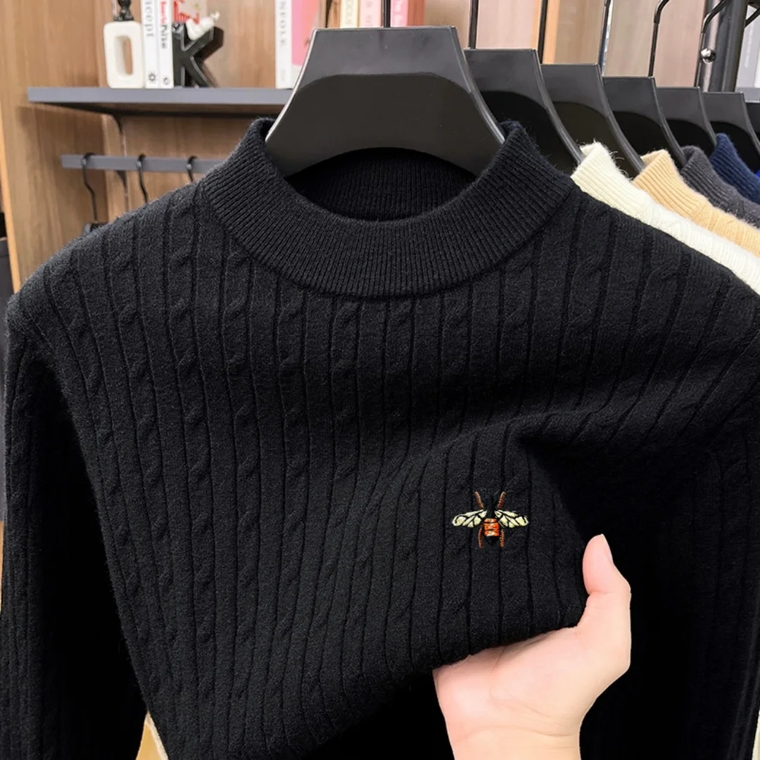 High quality brand men's sweater fashionable exquisite embroidered with bees knitted with velvet winter striped fabric pullover