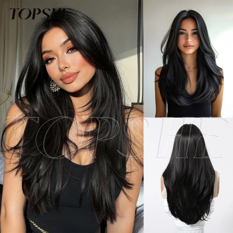 European and American style women's full , middle-parted black synthetic wig, high-temperature fiber, multi-layered lon