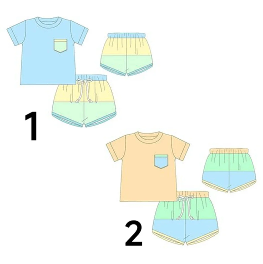 Wholesale toddler summer boutique clothes boys short sleeve shorts clothes blue green yellow suit new summer milk silk