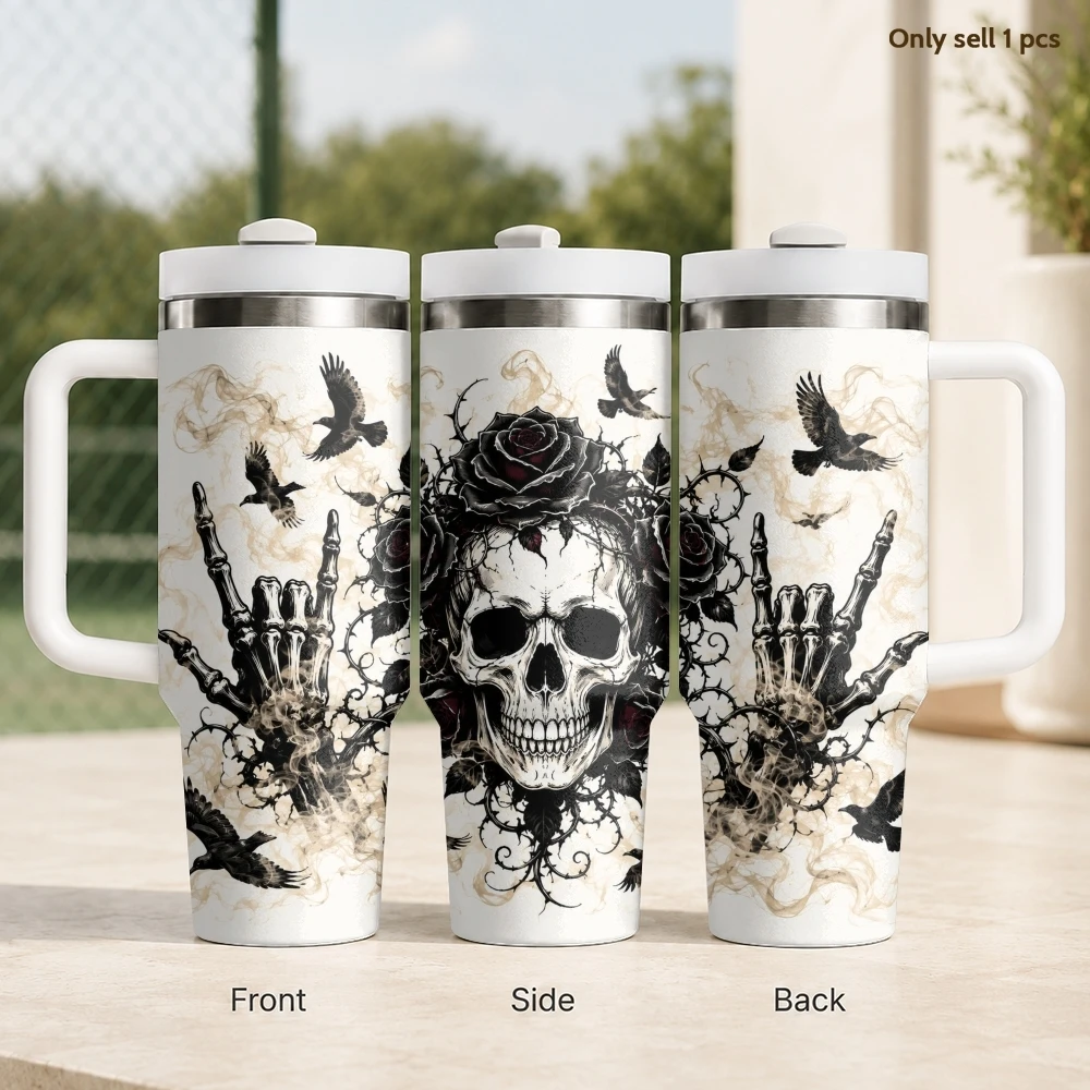 Gothic Skull Rose Ravens Vacuum Flasks 40oz Stainless Steel Insulated Tumbler with Handle & Straw Leakproof Travel Mug