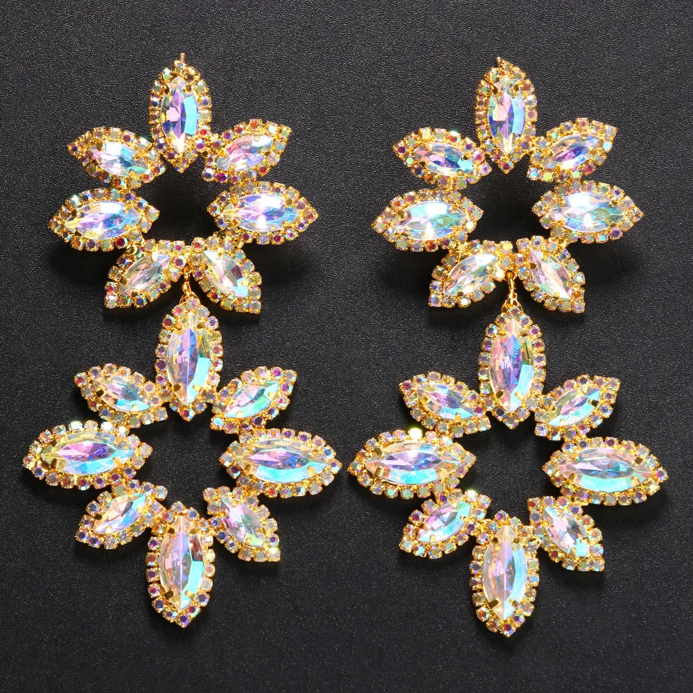 

Luxury Jewelry Wholesale Wedding Gold Color Long Big AB Crystal Rhinestone Drop Flower Chandelier Statement Earrings for Women
