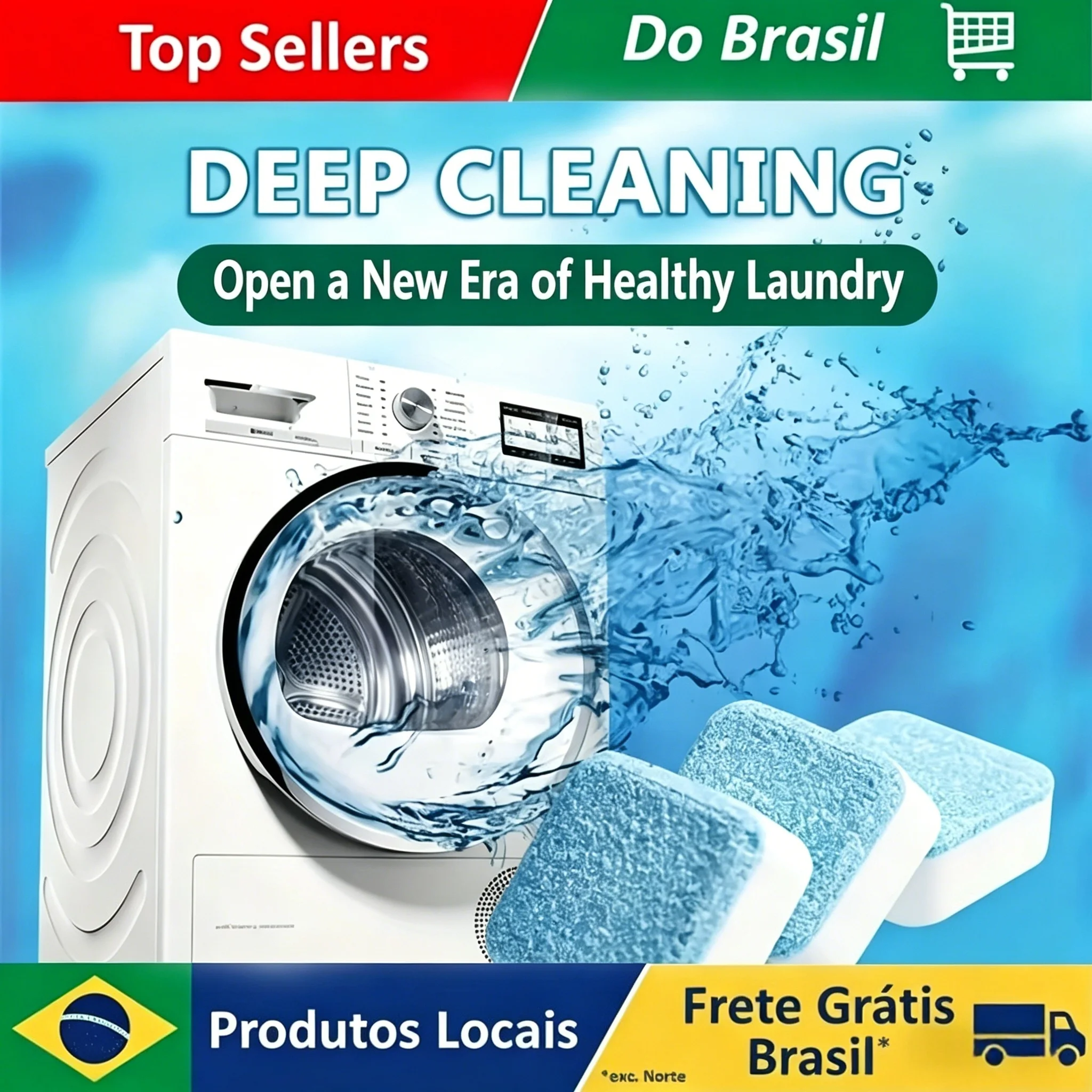 Tabletes de Limpeza para Máquina de Lavar Roupa (1 Unidade) - Limpeza Profunda para Máquinas de Carga Frontal e Superior HE - Brasil