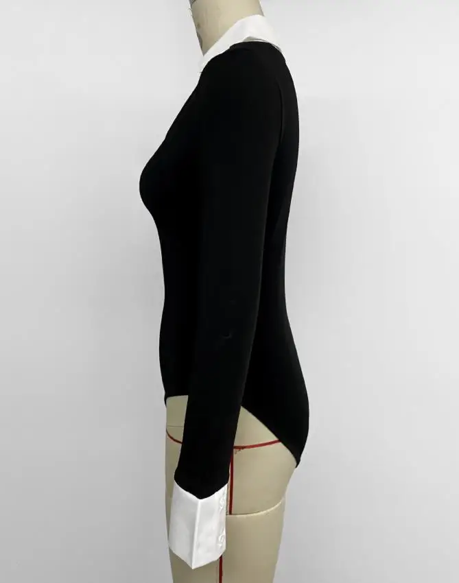 

Sexy Spicy Girl Style Jumpsuit with Black & White Contrasting Collar Splicing Fake 2 Piece Jumpsuit Spring New Fashion Bodysuits