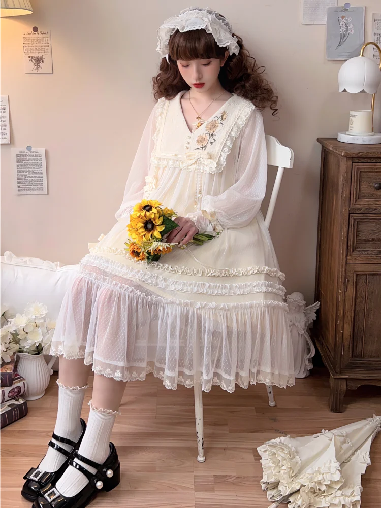 Originele Zonnebloem Borduren Lolita Dagelijks OP Uitlopende Mouw Jurk Lente Herfst Lange Mouw Sheer Mesh A-lijn Jurk Lolita Jurk