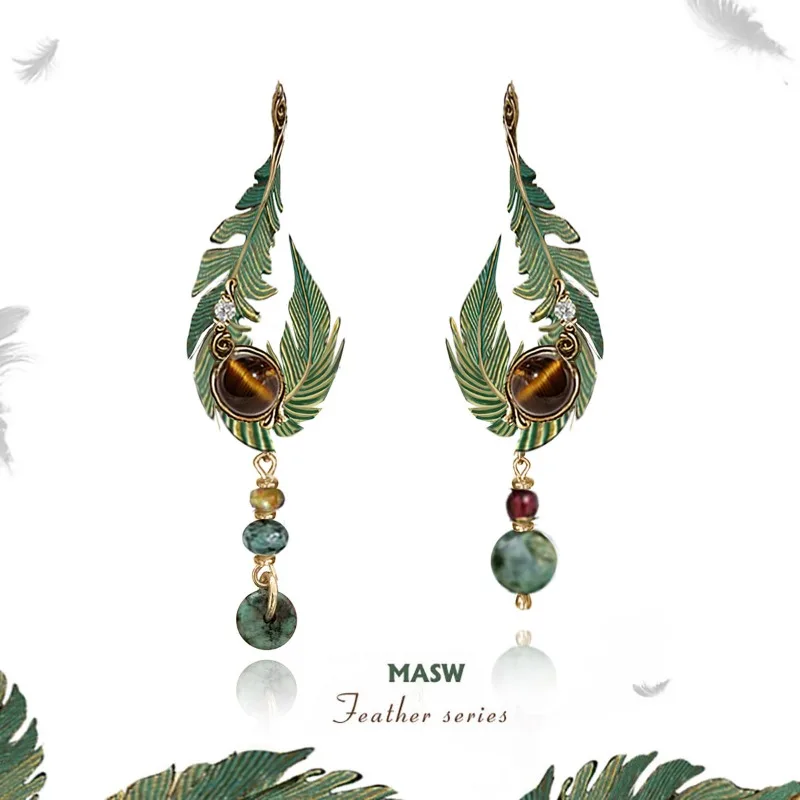 MASW Original Design Vintage Temperament Green feather beaded fringed earrings For Women Accessories Gifts Fashion Jewelry