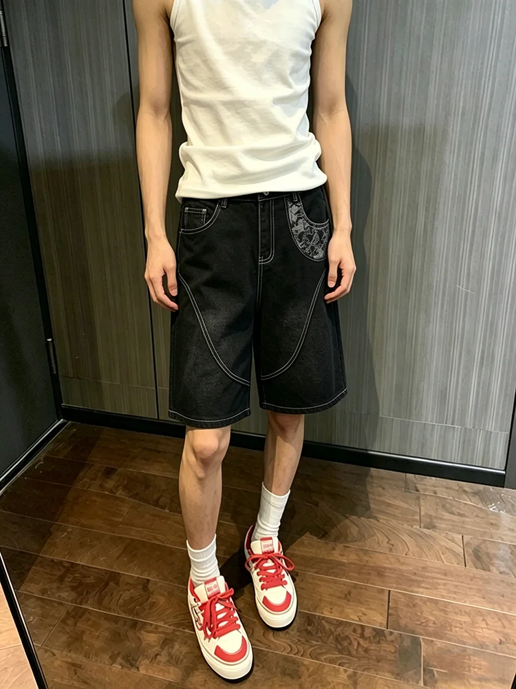 Men's Denim Shorts CleanFit Washed Woodcut Patchwork Straight Leg Jeans Casual Summer Trousers mid Waist Zipper Fly