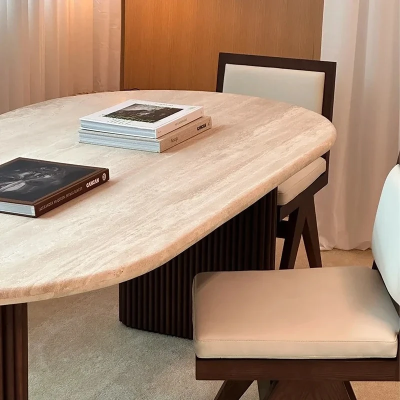 Medieval solid wood Roman column natural travertine wabi wind dining table oval household, high-end dining table9344
