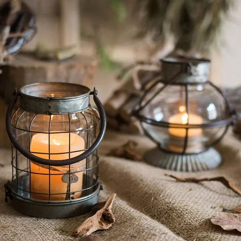 Iron Art Lantern Decoration Camping Vintage Hanging Candle Holders Ornaments Home Outdoor Lantern Atmosphere Sense Candlestick