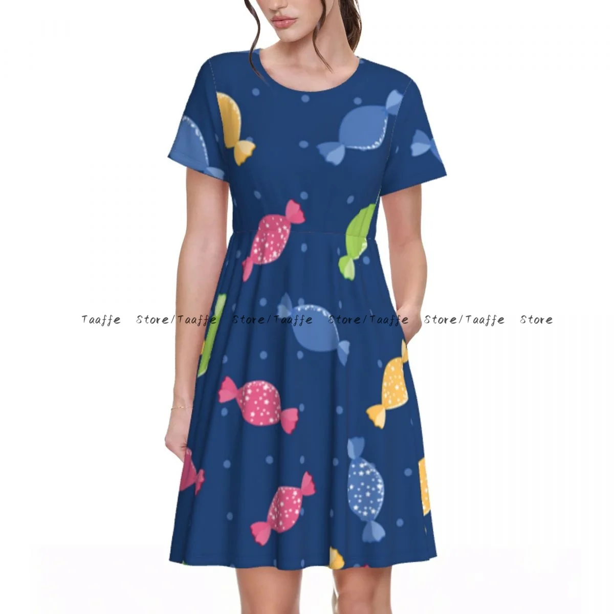 

Women Casual Elegant Dress Candy Colorful Sweet Food Short Sleeves Loose Dresses Weekend Holiday