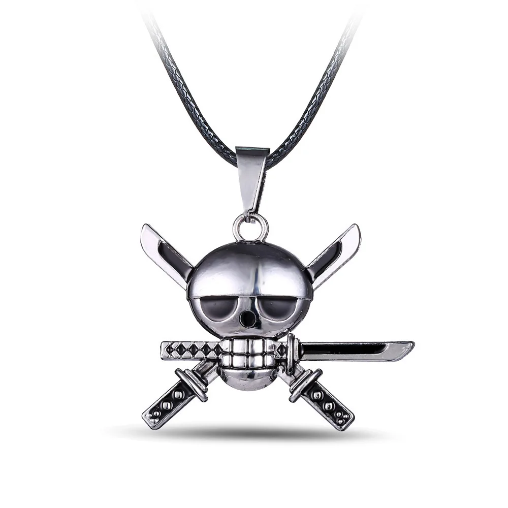 Anime One Piece Skull Logo Necklace Roronoa Zoro Vinsmoke Sanji Metal Long Chain Necklaces Pendants Cosplay Accessories Figure