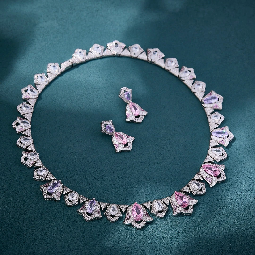 

Luxury Temperament AAA Zircon Pink Flower Necklace Drop Earrings For Women Wedding Party Evening Dress Jewelry Sets