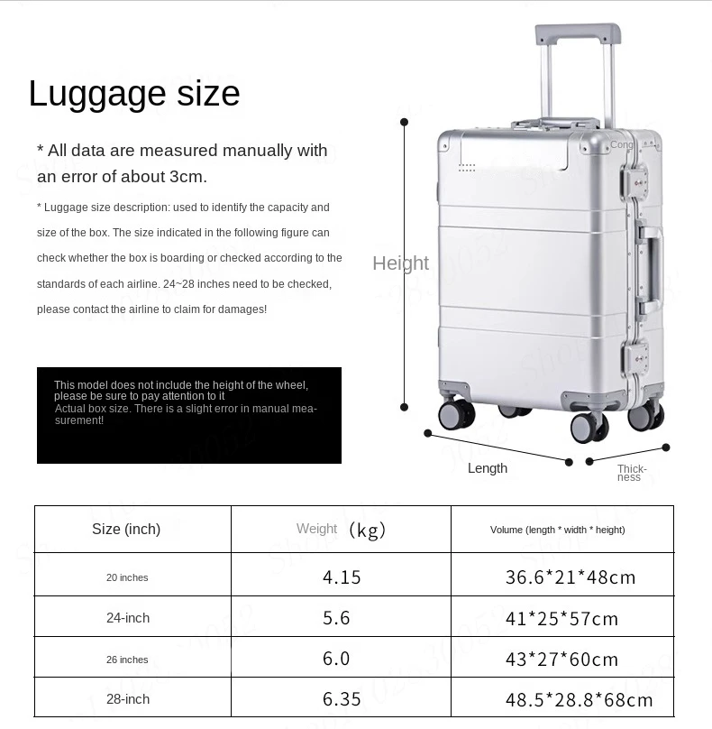 Maleta de aleación de Mgnesium de aluminio, Maleta de negocios, caja de carro, Apertura frontal portátil, 20 pulgadas, 24 ", 28", cerradura de combinación