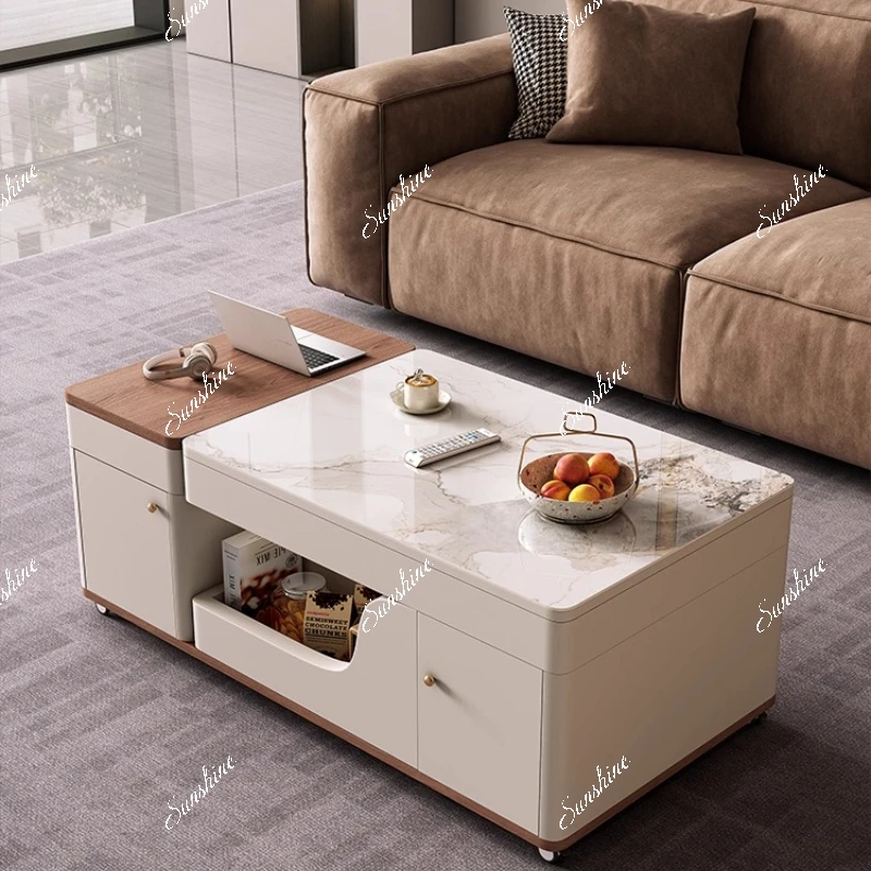 

Small apartment light luxury modern simple cream wind tea integrated rock slab lifting tea table