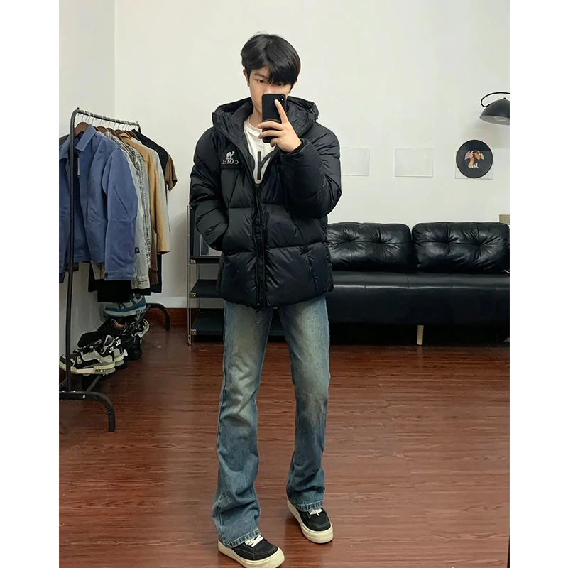 

Темно-синие мужские джинсы, прямые облегающие брюки, винтажные американские брюки, весна-осень, модные подростковые длинные брюки со средней талией на молнии