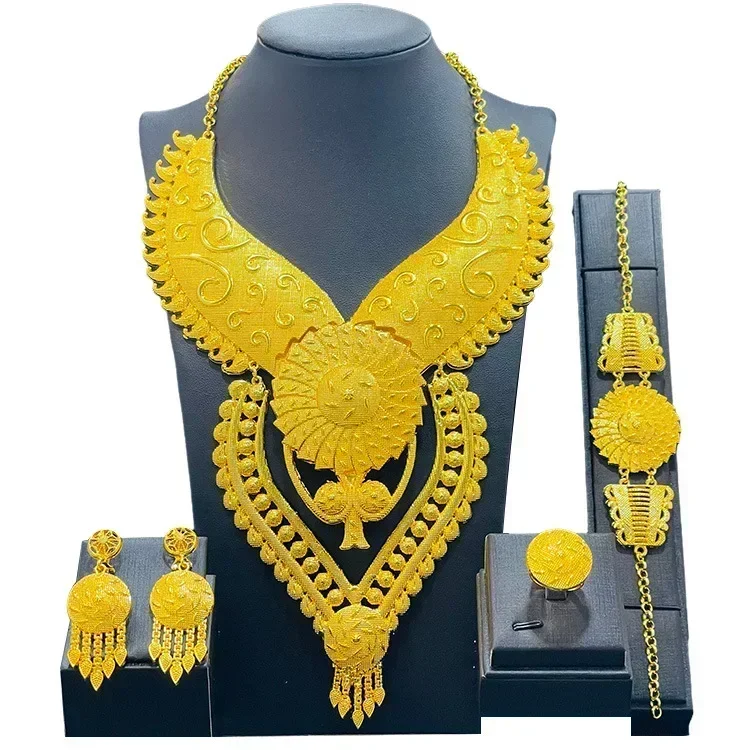 High Quality Dubai Gold Color Jewelry Sets For Women African Bridal Wedding Gifts Party Necklace Bracelet Earrings Ring Set