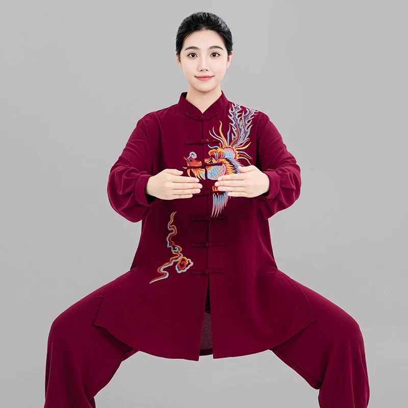 Phoenix Embroidered Tai Chi Suit for Women - 2025 New Spring Summer Kung Fu Performance Uniform, Martial Arts Training Suit