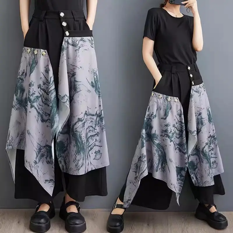

High End Printed Irregular Fake Two Piece Wide Leg Trousers High Waist Casual Fashionable Cropped Women's Oversized Pants K1652